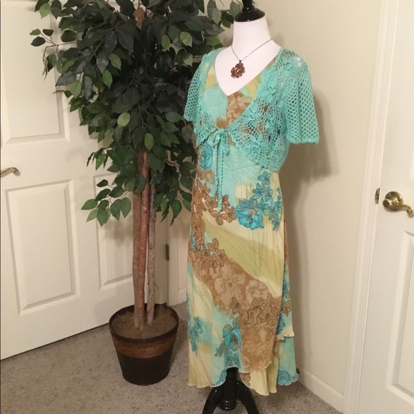 Signature by Sangria Dresses & Skirts - Sangria Teal& Tan Floral Maxie Dress & Shawl 10